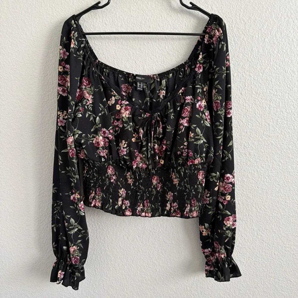 1X XL Floral Boho Off the Shoulder Top Blouse Puff Sleeve Peasant Lace Trim - Picture 11 of 15